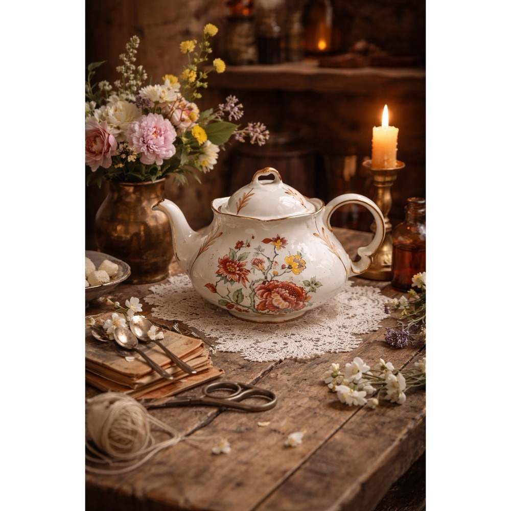 Ellgreave Wood & Sons Floral Teapot Ironstone England Vintage Gold Trim